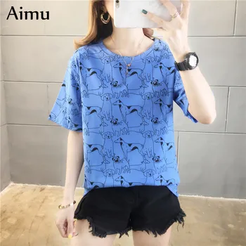 

Women Funny Cartoon dog print T-shirts Harajuku Leisure loose white t shirt 2020 Summer Korean Ulzzang Simple Basic tshirt Tops