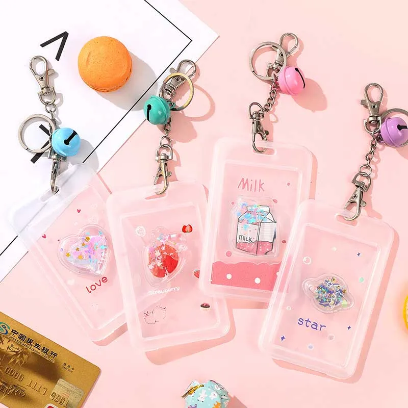 New Cute Quicksand Loving Heart Credit Card ID Holder Bag Student Women Travel Bank Bus Business Card Cover Badge With Keychain