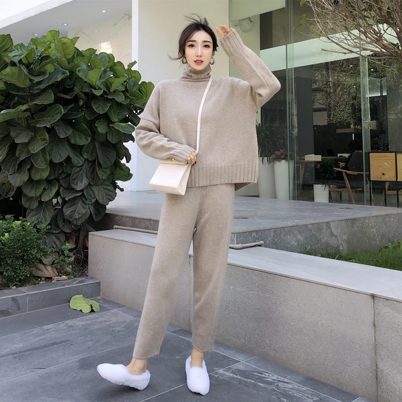 New arrival Autumn winter Knitted Tracksuit Turtleneck Sweatshirts for Women Suit Clothing 2 Pcs Set Knit top Pants suit Female - Цвет: khaki