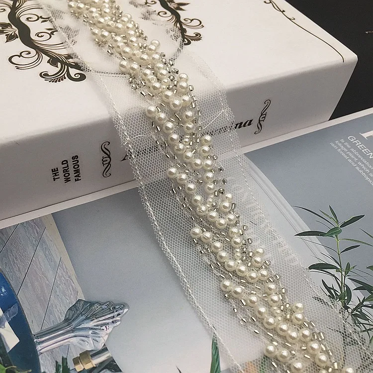 

2Yards White Bead Handmade Lace Edge Trims Wedding Dress Belt Sash Ribbon Bridal Pearl Applique Sewing Craft DIY Decorative Band