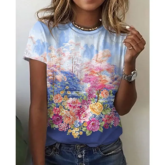 2021 New Women's Rose Flower Pattern Printing Top Fashion Summer Short-sleeved Fashion Casual Plus Size 3D Rose Printing T-shirt Z ROSE-19