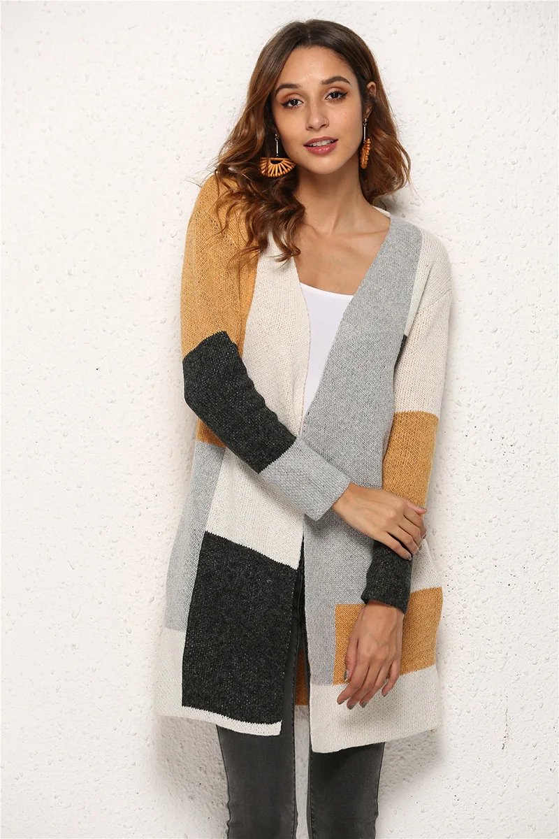 Fitshinling модный кардиган трикотажная куртка зимняя верхняя одежда Boho блок пэчворк тонкие свитера кардиганы женские длинные пальто