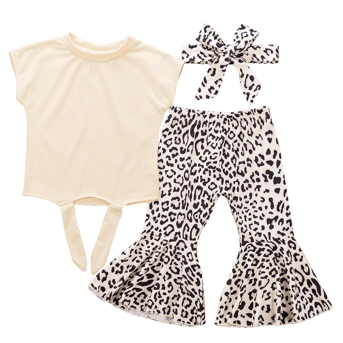 Boutique Girl Clothes 3PCS Toddler Kids Baby Girl Short Sleeve Clothes Tops+Leopard Trousers+Headband Outfits Set