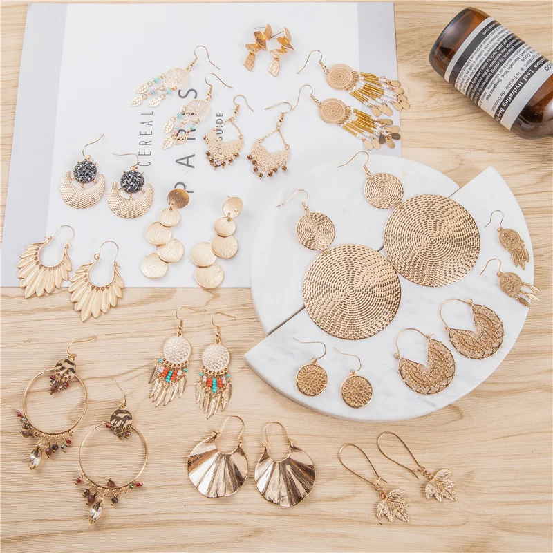 Boho Ethnic Large Golden Luxury Dangle Drop Earrings Hanging for Women Female Fashion 2019 Jewelry Wedding Earrings for Brides
