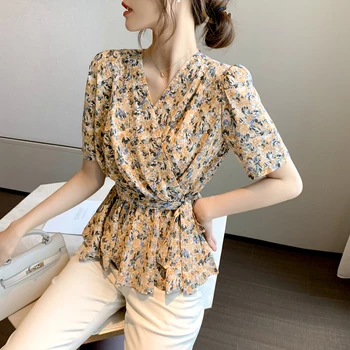 

2020 Chiffon Floral Shirt Women V-neck Short Sleeve Puff Sleeve Lace-up Chiffon Tops Korean Ladies Casual Tops