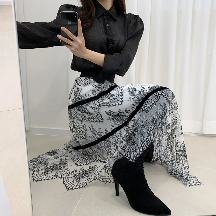 

2020 Early Spring New Style Korean-style Super Fire Industrial Irregular Lace Joint Gauze Long Skirt