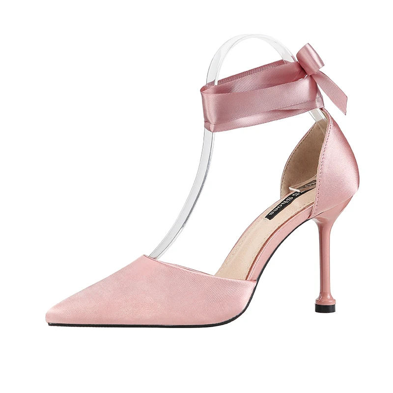 Satins summer sandals women pointy toe pumps strappy heels lady aesthetic shoes wedding pink thin high heel sexy sandalias mujer