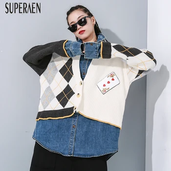 

SuperAen 2020 Spring New Jackets Women Denim Splice Pluz Size Irregular Ladies Jackets Fake Two Pieces Fashion Women Clothing
