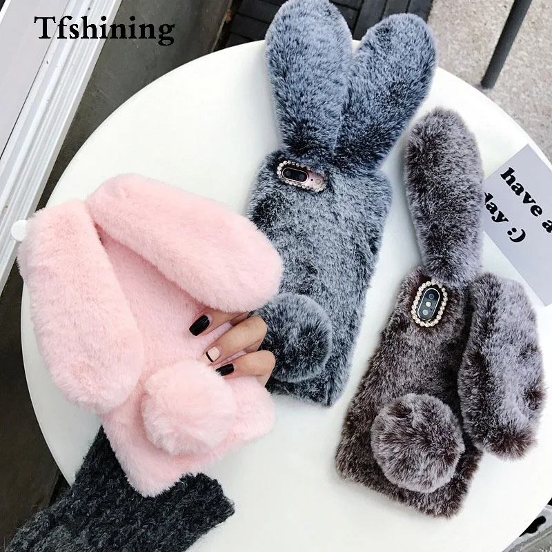 

Tfshining Cute Rabbit Ears Fur Phone Case For iPhone 11 Pro Max XR XS Max X 8 7 6 6S Plus Soft Silicone Fluffy Winter Warm Cover