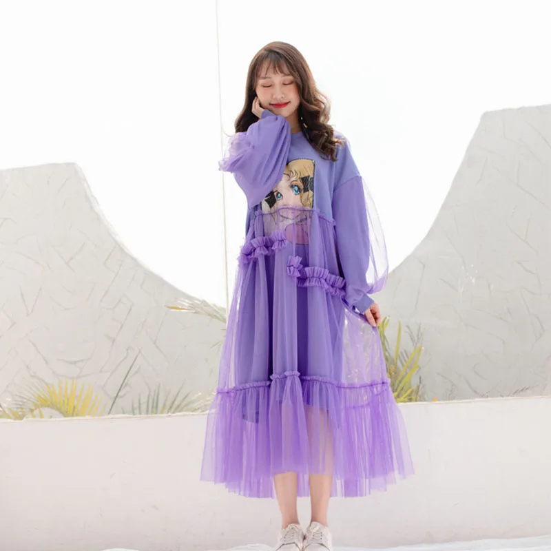 Одинаковая одежда для всей семьи; осеннее Сетчатое платье; платья для мамы и дочки с героями мультфильмов; фиолетовые комплекты для семьи; платье принцессы