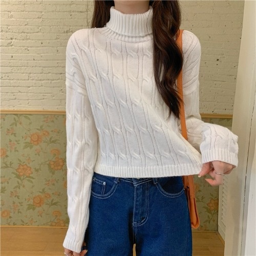 Lazy Style Turtleneck Pullover Outerwear Women's Autumn Winter Knitwear Long Sleeve Short Rac