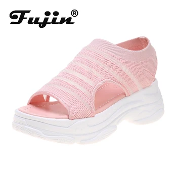 

Fujin Sandals Women Summer 2020 Fashion Thick Bottom Breathable Striped Platform Open Toe Mesh Causal Slip Women Sandals