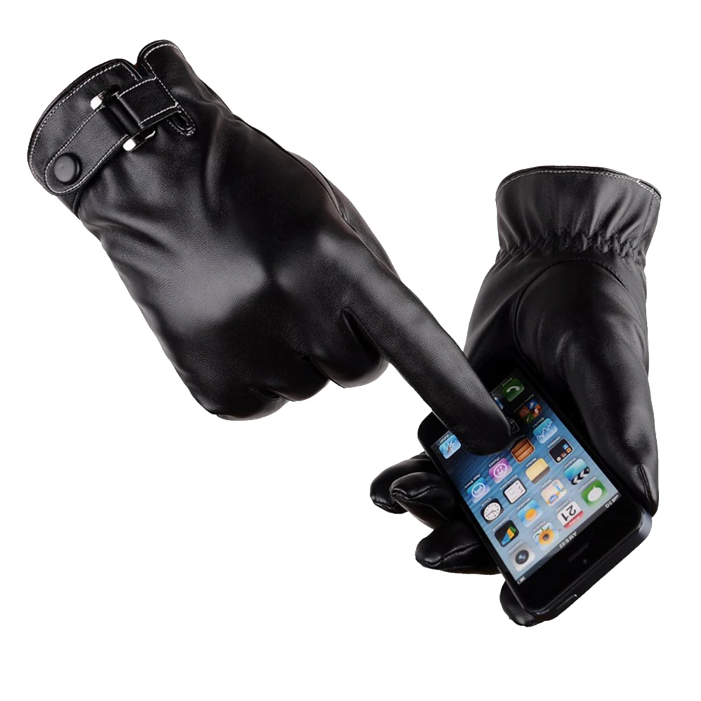 Для мужчин зимние однотонные Цвет Искусственные кожаные перчатки Сенсорный экран с плюшевой подбивкой перчатки, зимние перчатки/кожаные