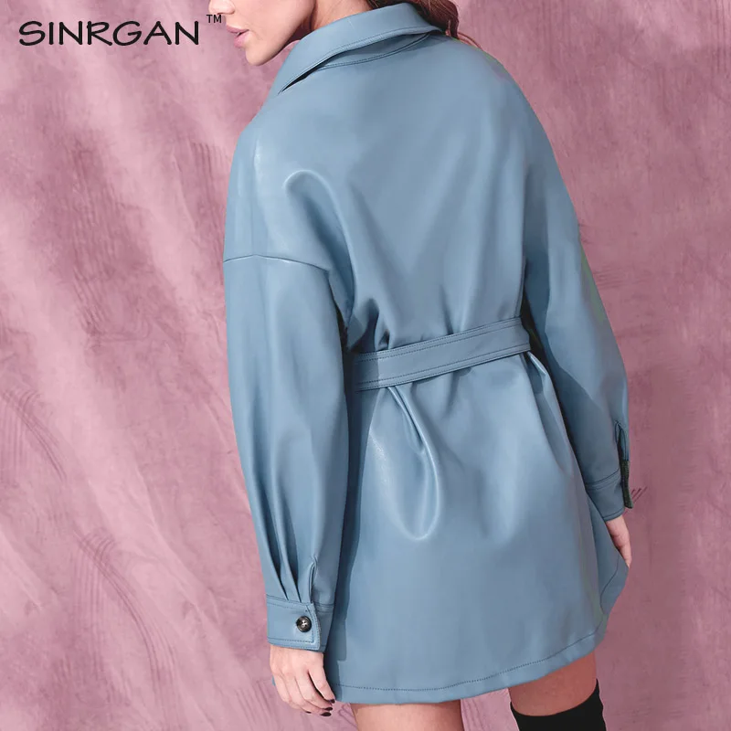 SINRGAN/короткое платье из искусственной кожи синего цвета с поясом; женская уличная одежда больших размеров; куртка с одной пряжкой; сезон осень-зима