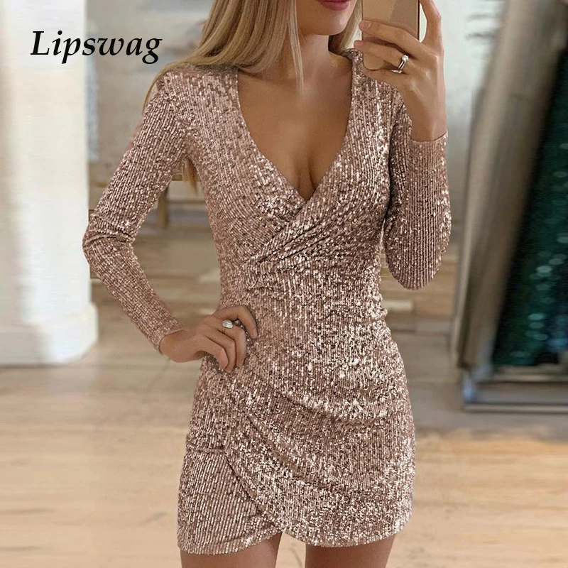 Goedkoop Vrouwen Hollow Out V hals Slit Mini Jurk Herfst Sexy Sequin Glitter Shiny Bodycon Jurk Winter Lange Mouwen Party Jurken Vestido