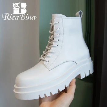 

RIZABINA Woman Ankle Boots Real Leather Zipper Thick Heel Winter Shoes Woman Warm Fashion Platform Footwear Size 34-40