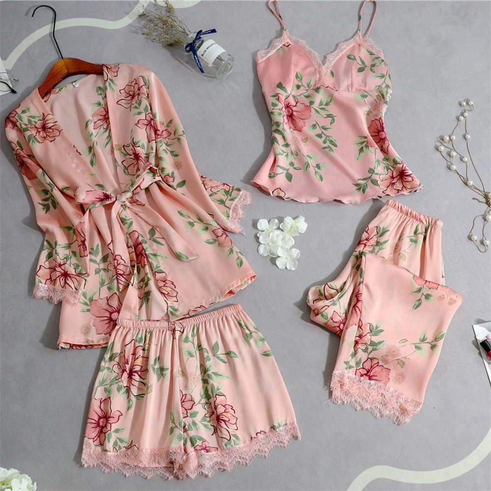 

Women's 4 Pieces Pajamas Set Summer Autumn Homewear Sexy Lace Stain Sleepwear Lady Cami Tops+Shorts+Robe+Pants Home Suit Pijamas