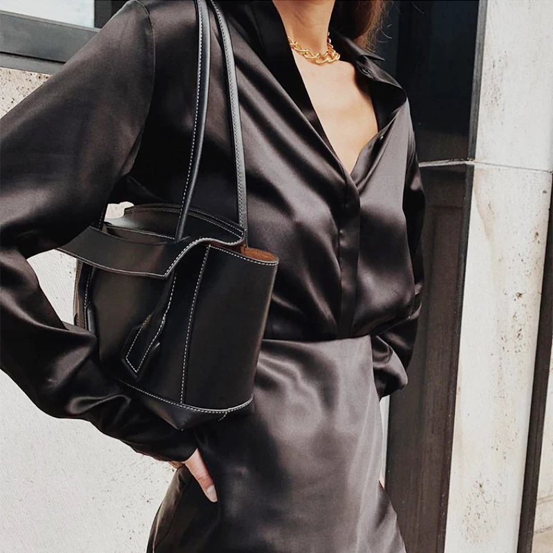 100% Silk Fashion Women High Luxury Spring Autumn Stretch Smooth Soft Satin Long-Sleeved Shirt Blouse | Женская одежда