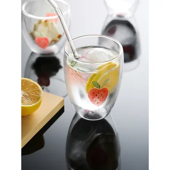 

creative glass cup watermelon strawberry printed home office water heat-resisting double-layer drinking glasses 217-342ml gifts
