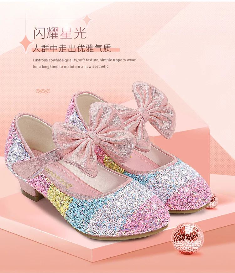 Girls' Leather Shoes Princess 2021 CHILDREN'S Shoes round-Toe Soft-Sole Big girls High Heel Princess Crystal Shoes children's shoes for sale