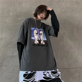 

Lychee Girls Dark Character Patchwork Women Sweatshirts Casual Crew Neck Autumn Lady Tops Fake 2 Pieces Loose Female Pullovers