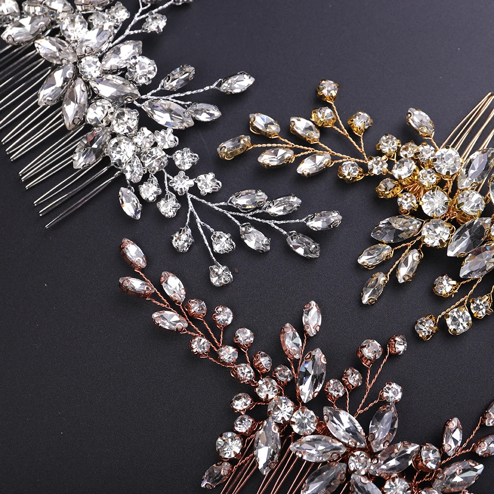 Silver Rhinestone Hair Comb Luxury Women Headpieces Tiara Wedding Hair Ornaments Flower Jewelry Bridal Headwear Clip