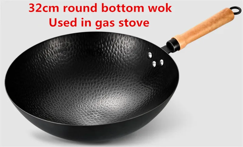 32cm round bottom Китайский железный горшок бытовой вакуумный Традиционные железная, ручной работы индукционная плита для вока Немелованная сковорода с выпуклым дном и антипригарным покрытием посуда для приготовления пищи Сковорода-Вок горшок - Цвет: 32cm round bottom
