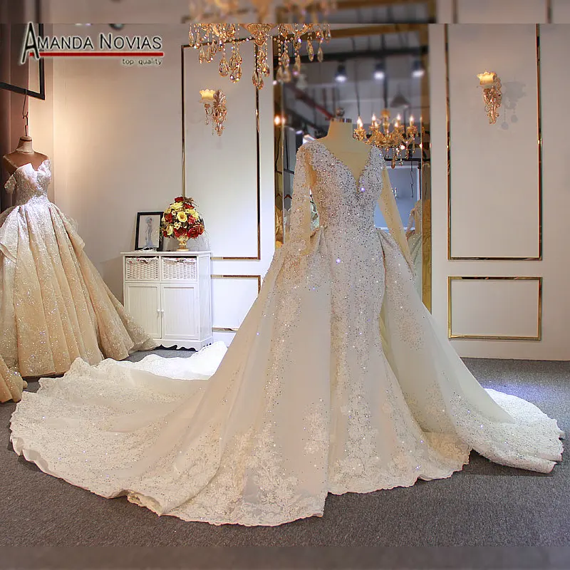 Роскошная полная Русалка отделка бисером свадебное платье со съемным шлейфом тяжелые бисероплетенные свадебные платья
