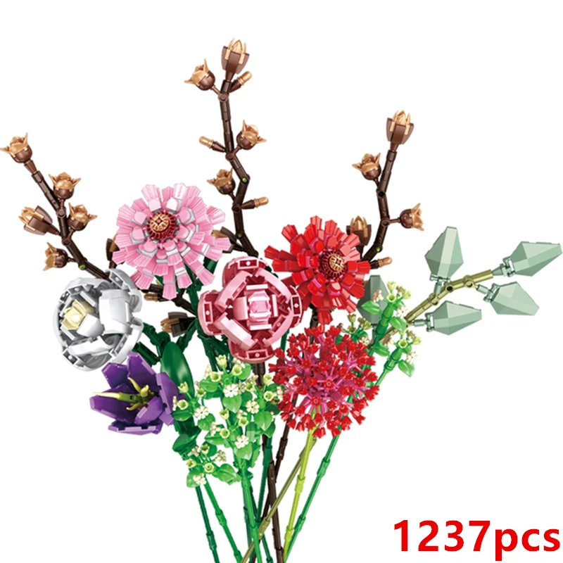 Romantic Rose Flower Vase Garden House Plant Assembly Building Blocks Classic Model Bricks Sets Kids Kit