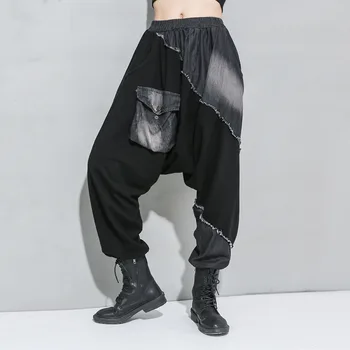 

Spring Autumn 2020 New Style Black High Elastic Waist Denim Harem Trousers Long Loose Fit Patchwork Pants Big Size