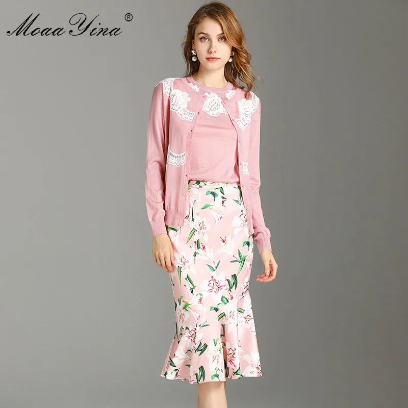 MoaaYina Fashion Designer Pak Lente Zomer Vrouwen Lange mouw Kant Wol t-shirt + Tops + Mermaid rok Drie stuk pak MoaaYina Fashion Designer Pak Lente Zomer Vrouwen Lange mouw Kant Wol t-shirt + Tops + Mermaid rok Drie stuk pak