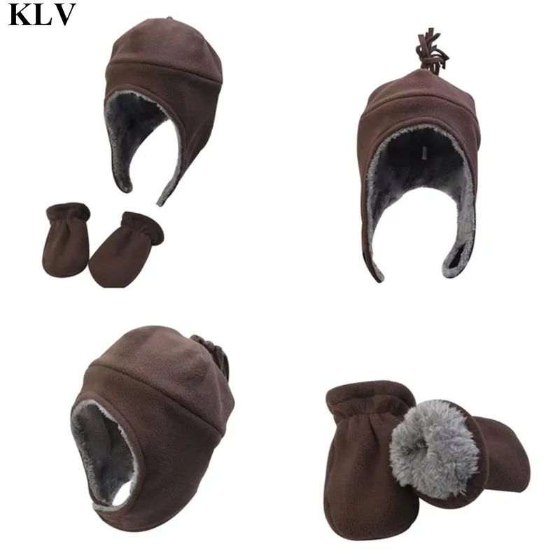 KLV 2 шт./компл. осень-зима Новые Детские флисовая шапка и перчатки, детская теплая Шапки детские варежки детские длинные шапка с наушниками