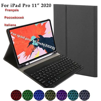 

French /RussianKeyboard For iPad Pro 11 Inch 2020 7 Colors Backlit Italian Tablet Keyboard Leather Tablet Case with Pen Holder
