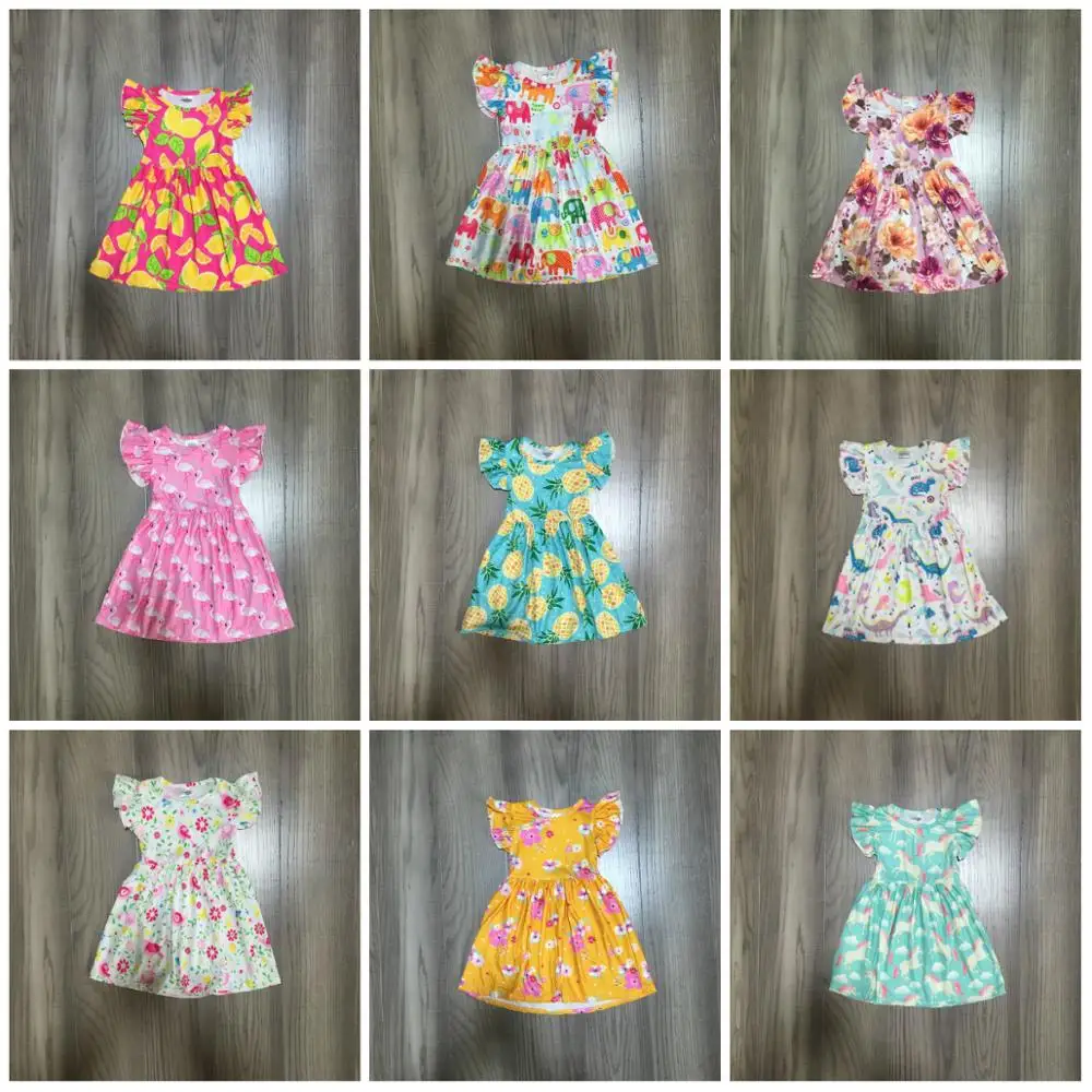 

multi color summer baby girls children clothes short sleeve milk silk knee-length outfits unicorn lemon floral flamingo dinosaur