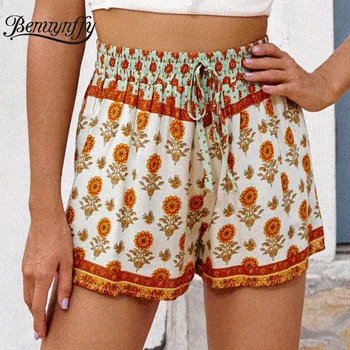 

Benuynffy 2020 New Elastic Waist Beach Summer Shorts Women Retro Drawstring High Waist Holiday Boho Print Casual Ladies Shorts