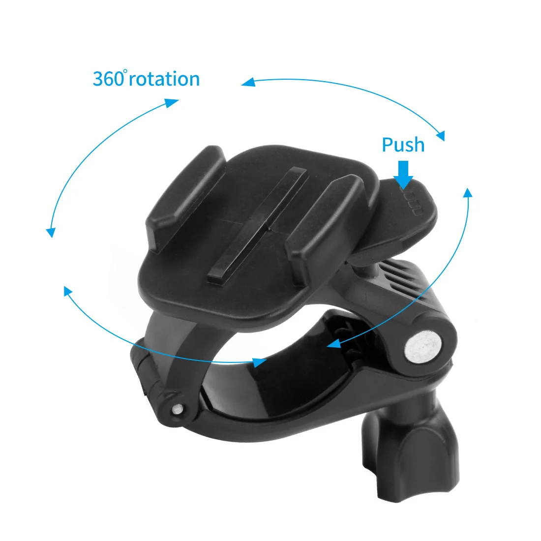 Adaptateur tige selle monté sur un vélo, prêt à accueillir une GoPro Hero 10 ou DJI OSMO Action