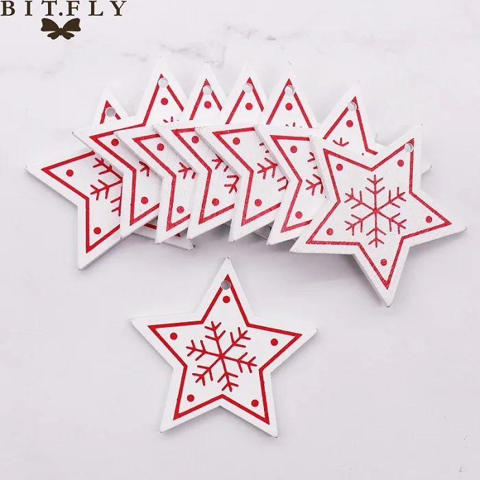 White Star B 10 шт. Рождественская Красная белая деревянная Снежинка Рождественская елка Сердце Звезда вечерние украшения подвеска для изготовления дома DIY Подвесной деревянный орнамент - Цвет: White Star B