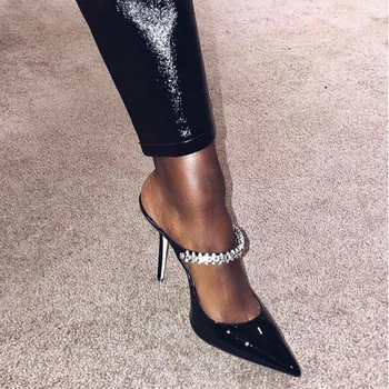 

Pointed Toe High Heels Ankle Crystal Chain Slip-on Women Pumps Patent Leather Woman Thin Heels Luxury Ladies Wedding Party Shoes