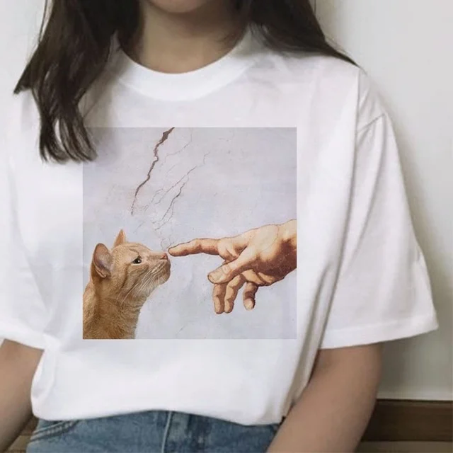 Kuakuayu HJN, Женская забавная футболка с котом, Michelangelo, богами, сенсором, Tumblr, Ретро стиль, милая графическая футболка, Meme, футболка для любителей кошек