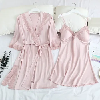 

Spring summer women Pajama Sets pajamas nightgown Silk sleepwear women's robes 2pcs pajamas