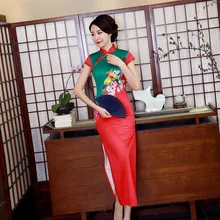 Стиль, шелковая ткань, чонсам, улучшенное, длинное, в китайском стиле, с принтом, приталенное, большой размер, женское платье, одежда для выступлений