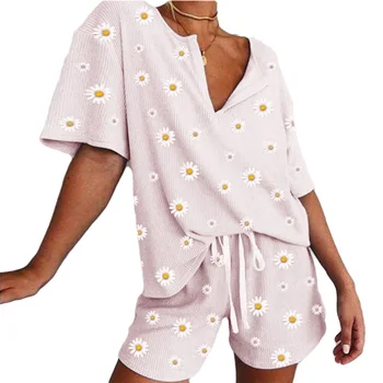 

Women Summer Floral Printed Pajamas Sets Half Length Regular Sleeve Big Open V-neck Pullover Top Drawstring Shorts Sets
