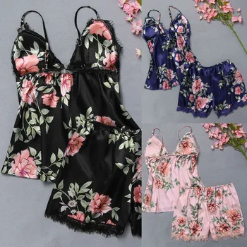 

2pcs Women Sexy Satin Sexy Lingerie Underwear Babydoll Nightwear Sleepwear Strap Solid Color Lace Pyjamas Shorts Women Пижама