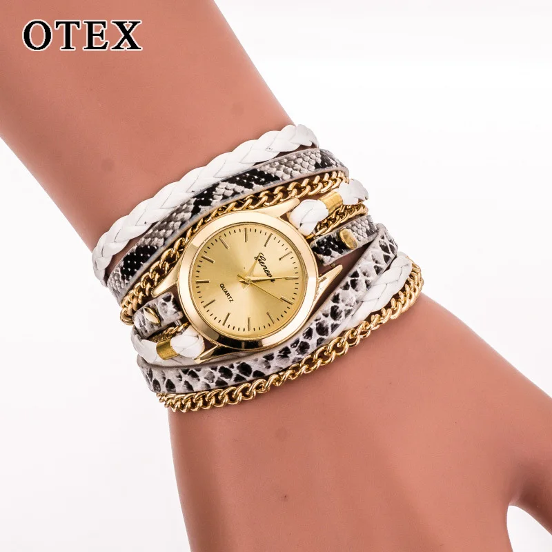 Леопардовые тканые женские часы PU Змеиный узор Круглый браслет кварцевые Мода