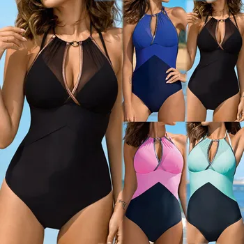 

Latest Women Biquini Halter Push Up Padded Bathing Suit Solid Color Hollow Out Jumpsuit Brazillian Traje de baño For Bathers