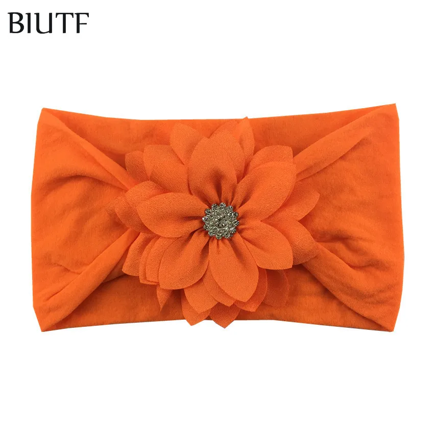 11-orange 20 шт./лот, Детская повязка на голову, Широкая мягкая эластичная нейлоновая повязка на голову с 9 см тканью, цветок лотоса, стразы по центру чалма, закрывающая уши HB109 - Цвет: 11-orange