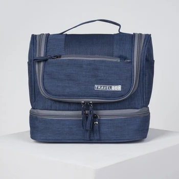 

Cosmetic bag, 2 sections with zippers, with handle, hook, blue