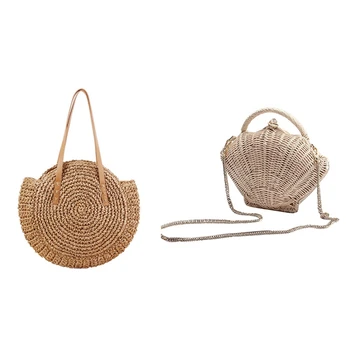 

Round Straw Beach Bag Vintage Handmade Woven Shoulder Bag (Light Brown) & Shell-Shaped Chain Small Messenger Bag
