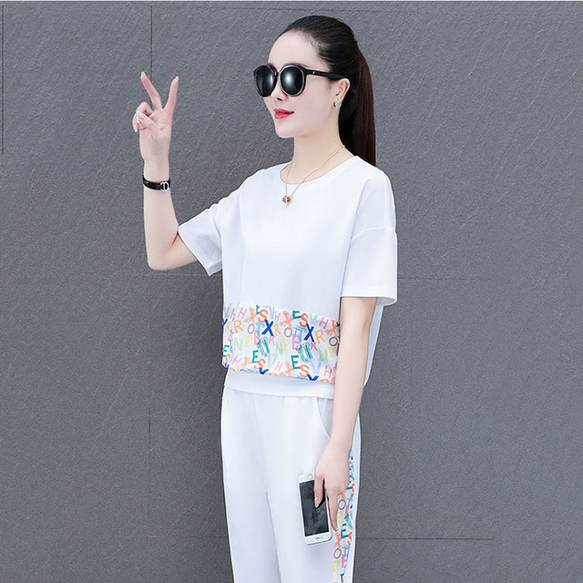 2PCS Female Loose Round Neck Short Sleeve New Summer Fashion Trousers Casual Printing Letter Ladies Two-Piece Suit