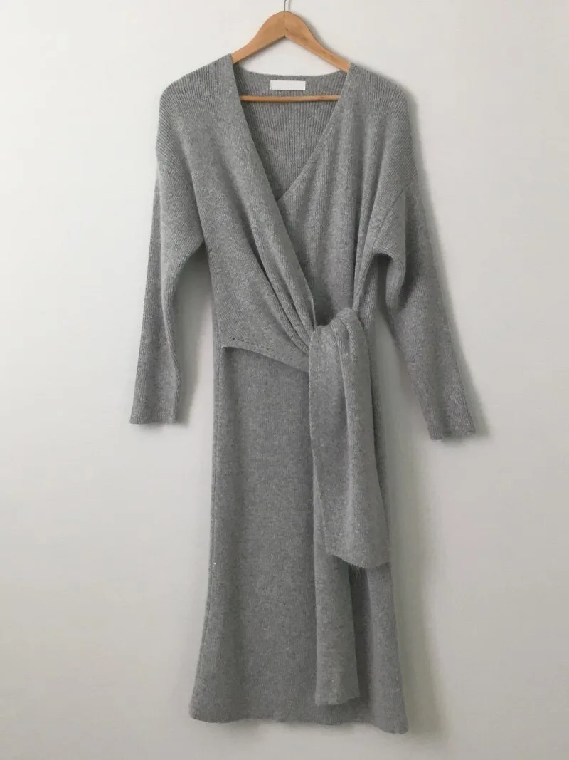 [EWQ] Autumn Winter High Quality V-collar Long Sleeve Solid Patchwork Asymmetircal Lace Up Long Loose Dress Women AH17702